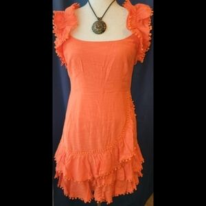 Saints + Secrets Coral Ruffle Mini Dress Pom Pom Trim Open Back NWT Size M